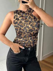 SHEIN Essnce Women's Summer Vintage Leopard Print Mesh Bodysuit, Beach Holiday Bodysuit, Ladies' Asymmetric Bodysuit - Multicolor - View 4