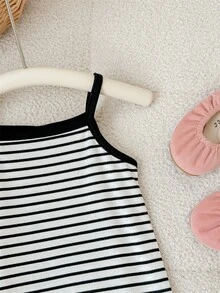 Babygirl Cute Minimalist Striped Patchwork Fitted Mid-Length Camisole Dress, Summer - Black - View 4