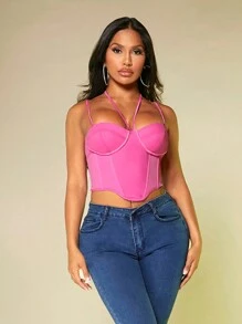 SHEIN SXY Padded Built-In Bra Padding Chest Pad Removable Padding Chest Cup Non Removable Padding Women's Valentines Solid Bustier Cami Top - Pink - View 4