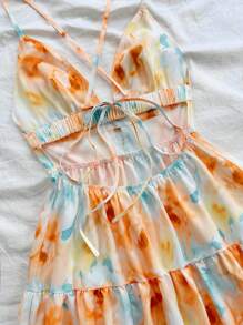 Soleia Women's Floral Printed Spaghetti Strap Backless A-Line Dress For Vacation - Orange - View 4