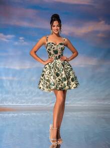 SHEIN Belle Vestido elegante, hermoso y lindo con contrastes de color verde y champán, con vestido de flores 3D y lentejuelas, apropiado para eventos de boda, despedidas de soltero, vacaciones, vestidos de graduación de baile de promoción (estilo industrial pesado). Vestido semi formal para invitado de boda, para fiesta de cumpleaños o graduación - Verde Oscuro - Ver 7