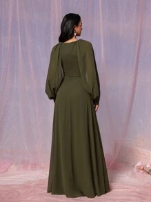 SHEIN Belle Women's Elegant And Dignified Green Chiffon Fabric, Deep V Neck, Gathered Chest, Slit Long Sleeves, Gold Applique Decoration, A-Line Hem Suitable For Wedding Events Formal Bridesmaid Dresses - Army Green - View 2