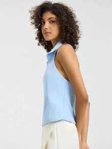 Solid Halter Backless Zipper Top - Blue - View 6
