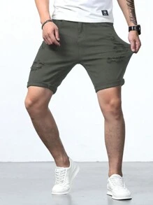 Manfinity Homme Bermudas de mezclilla rasgadas y deshilachadas para hombre para el verano - Verde militar - Ver 4