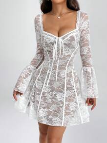 SHEIN PETITE 復古蕾絲甜心領蓬蓬袖連身裙