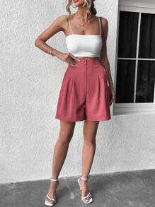 SHEIN LUNE 女款純色鈕扣裝飾休閒短褲 - 紅木色 - 查看 3