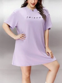 FRIENDS X SHEIN 大码经典宽松针织肖像印花紫色落肩 T 恤连衣裙 - 紫色 - 查看 6
