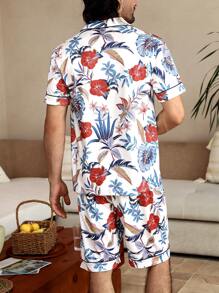 Manfinity ChillVibe Conjunto de ropa de hogar de verano para hombre con estampado floral de manga corta y pantalones cortos