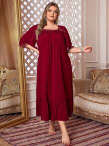 Robe de nuit ample à encolure carrée en patchwork de dentelle vintage de grande taille, robe de pyjama avec ajustement ample, robe longue - Rouge foncé - Voir 4