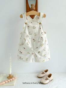 Cozy Pixies 嬰兒女孩花卉圖案清新自然無袖連體短褲，夏季服裝 - 杏色 - 查看 3