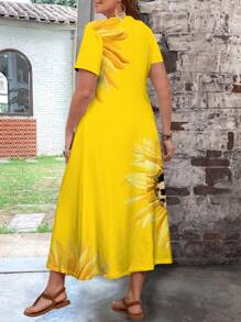 SHEIN VCAY Summer Sunflower Floral Print Slim-Fit Plus Size Dress For Women - Yellow - View 2