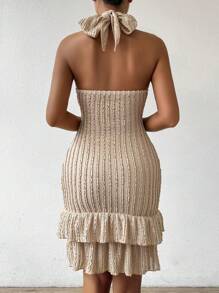 Calvaya Summer Sexy Solid Color Textured Hollow Out Ruffle Hem Backless Bodycon Halterneck Dress