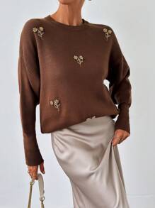 EURMUSE Women's Casual Knitted Sweater With Studs & Embroidery Decoration, Spring & Autumn - Brown - View 3