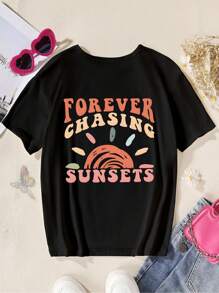 Tween Girl Short Sleeve Painted Sun Creative Letter Print T-Shirt, Summer Casual Top With Atmosphere And Versatility - Black - View 5