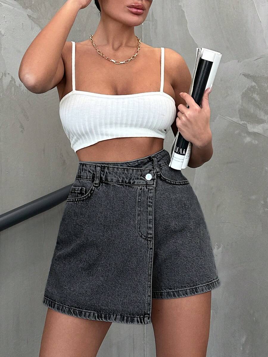 SHEIN Cottnline High Waist Wrap Denim Skort For Summer - Grey - View 1