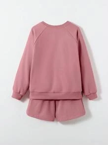 Maija Kids Maija Kids 少女休閒純色針織圓領運動衫和運動短褲套裝 - 粉色 - 查看 2