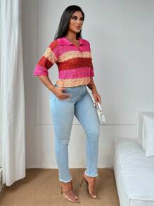 Zolique Sexy Slim-Fit Hollow Out Knit Long Sleeve V-Neck Wave Pattern Multicolor Women's Knitted Sweater Top, Casual, Fall Winter - Multicolor - View 4