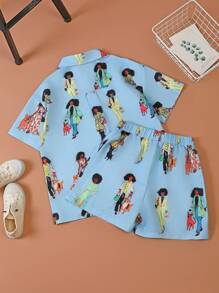 Teen Girls' Vacation Portrait Printed Shirt And Shorts Set - Blue - View 2