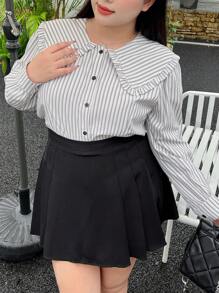 Dazy Petite Plus Plus Size Striped Statement Collar Shirt, Fall Women Clothes Long Sleeve Top - Blue - View 7