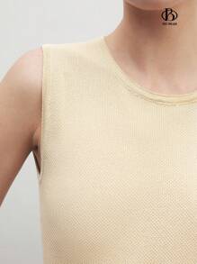 BizChic 女士夏季純色無袖圓領長款休閒毛衣連衣裙 - 杏色 - 查看 6