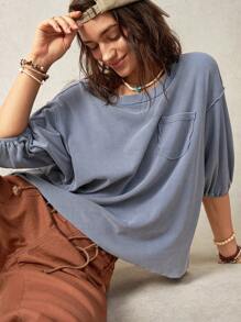 Bohemela Women's Solid Color Round Neck Drop Shoulder Short Sleeve Loose Casual T-Shirt For Vacation - Blue - View 3