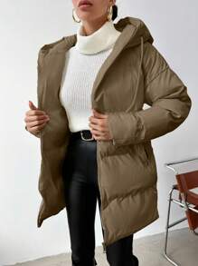 RueChic Women'S Shiny Hooded Padded Jacket - Camel - View 1