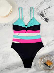 SHEIN Swim Women's Summer Beach Color Block Push Up Twist Knot Bikini Set, 2pcs 2 Pieces Bathing Suit