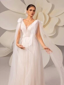 Elegant Solid Color Lace Tulle Shawl With Trail Wedding Dress - White - View 9