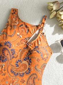 Swim Lushoire Summer Beach Paisley Printed Hollow Out Monokini Swimsuit, Random Print - Orange - View 7