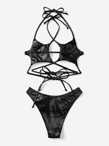 SHEIN Swim Bãi biển mùa hè dành cho nữ Màu trơn họa tiết năm cánh Dây buộc cổ Bộ Bikini gợi cảm - màu đen - Xem 2