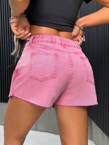 SHEIN PETITE 女士甜美牛仔短裙套裝迷你粉色短褲，Y2k短褲，返校服裝 - 粉色 - 查看 2