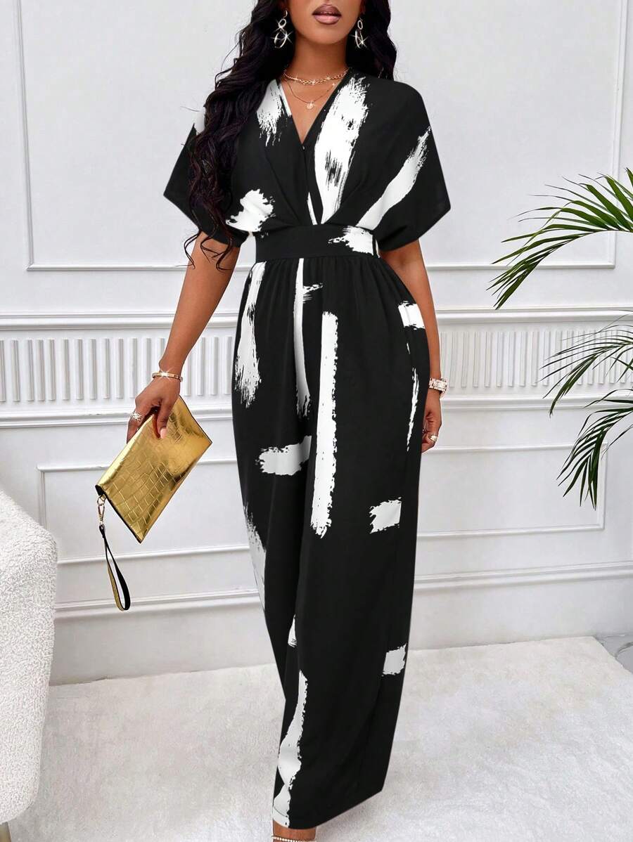 SOLERSUN 隨機印花休閒夏季連身褲，蝙蝠袖和腰帶 - 黑色 - 查看 1