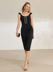 MOTF PREMIUM RHINESTONE DETAIL SPLIT HEM FITTED DRESS - Black - View 7