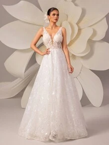 Bohemian Contrast Color Heavy Lace Sequin Zipper Backless Luxury Elegant Wedding Dresses For Outdoor Lawn Weddings White Bridal Dress - White - View 2