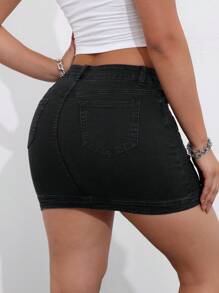SHEIN ICON Váy denim màu đen đơn giản hàng ngày dành cho nữ - màu đen - Xem 2