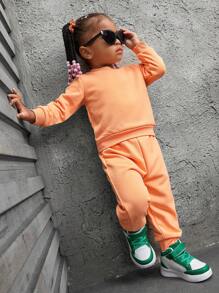 SHEIN 3pcs Baby Girls' Fall Orange & Pink Street Style American Cool Daily Casual Outfit Set