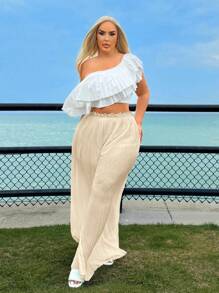 SHEIN SXY Plus Size Pleated Wide Leg Pants For Summer Vacation - Beige - View 4