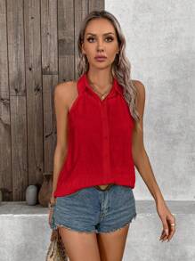 SHEIN LUNE 女款純色翻領無袖襯衫，夏季款 - 紅色 - 查看 3