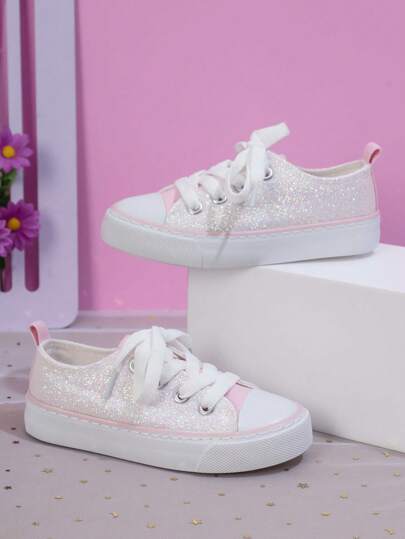 Glittering Fashionable Casual Children's Canvas Shoes For Girls, Flat Heel, Comfortable Lace-Up Student Shoes