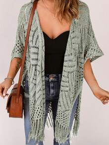 Acelitt Women's Solid Color Simple Daily Tassel Decoration Kimono Cover Up Casual Vacation Beach - Grey - View 4