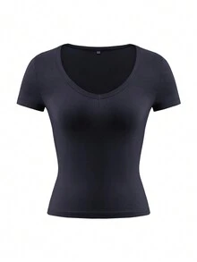 Vaiaye 女士纯色 V 领短袖性感修身 Y2K 风格 T 恤，适合日常休闲穿着，黑色，夏季款 - 黑色 - 查看 3