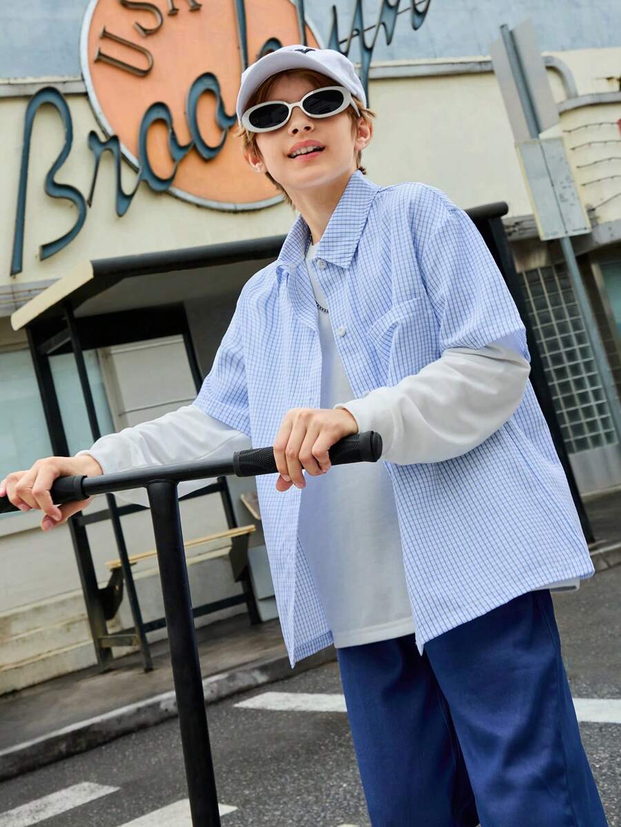 SHEIN Tween Boys Plaid Print Shirt & Solid Sweatshirt & Pants For Spring & Autumn