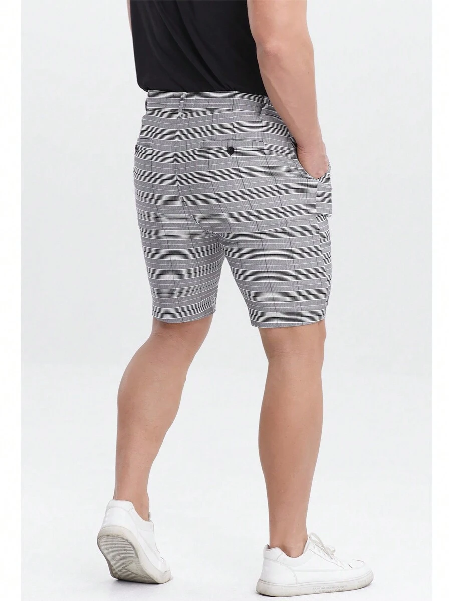 Pantalones cortos de vestir ajustados, elásticos, a cuadros, resistentes a las arrugas para hombre - Gris Claro - Ver 1