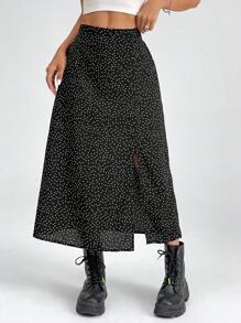 SHEIN PETITE Mid-Length A Slit Polka Dot Casual Vacation Skirt