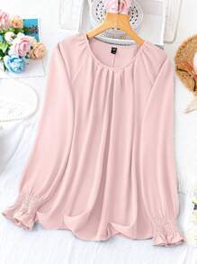 Rometta 大尺碼簡約褶皺長袖襯衫，適用於春季