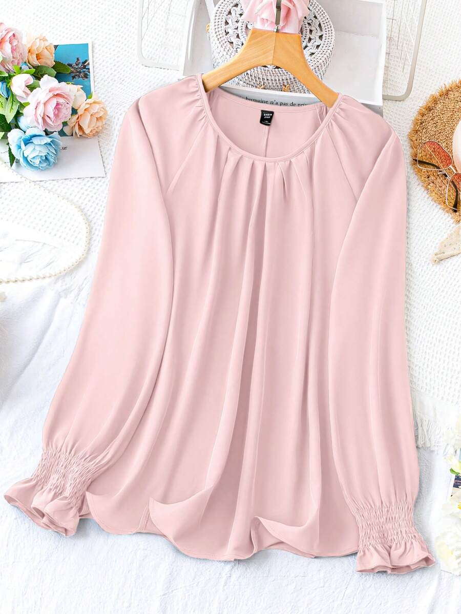 Rometta 大尺碼簡約褶皺長袖襯衫，適用於春季