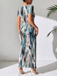 Chiquease Women's Tie-Dye Printed Square Neck Straight Shoulder Elegant Dress Maxi Women Outfit - Multicolor - View 3