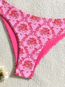 Conjunto de bikini rosa de dos piezas con estampado floral para la playa veraniega con patrón de estampado aleatorio. - Multicolor - Ver 6