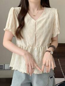 DAZY Áo thun tay ngắn nửa túi có nút cổ chữ V dành cho nữ, màu trơn, mùa hè - trắng - Xem 7