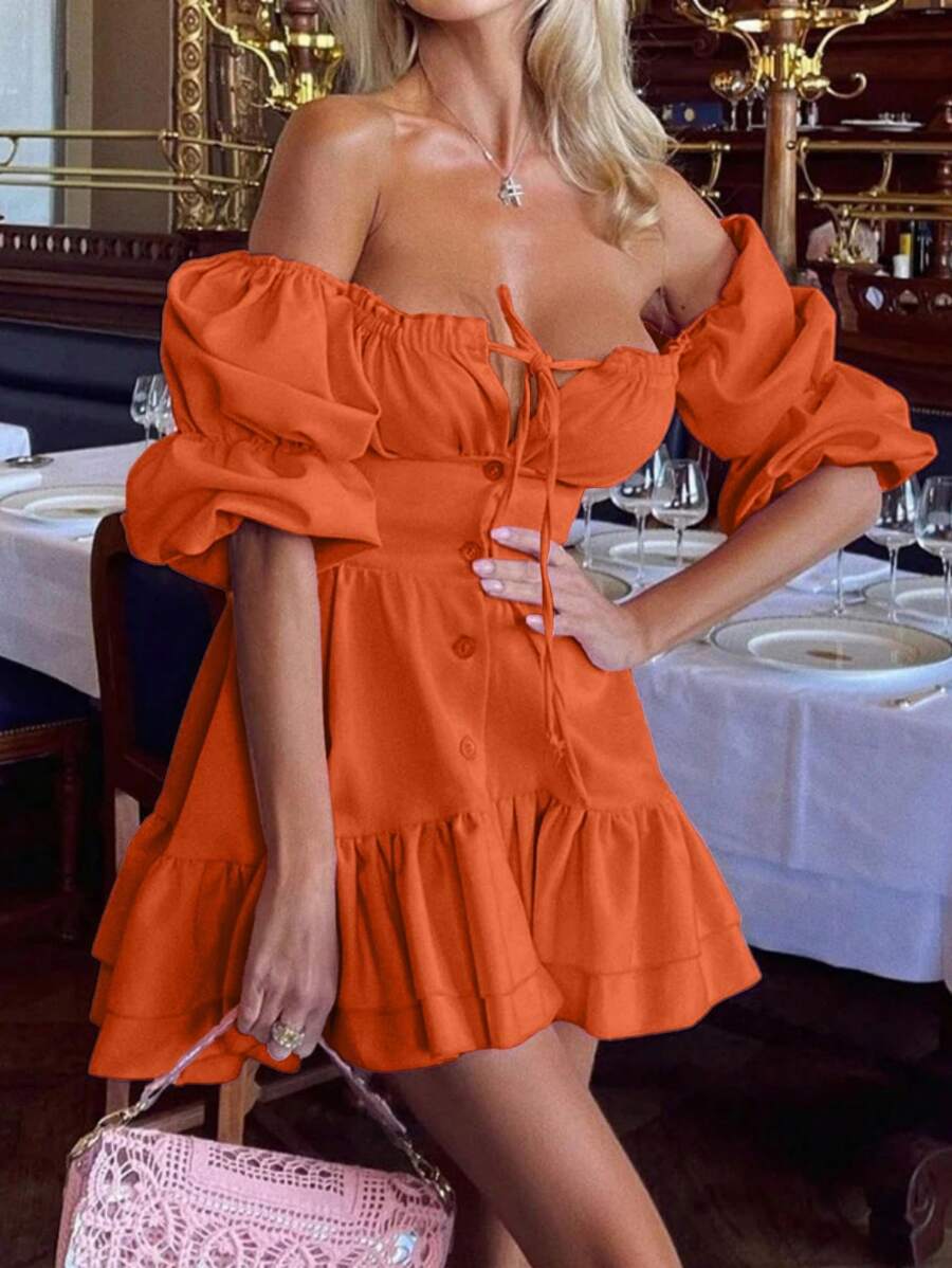 Chiquease Váy midi trễ vai đơn giản hàng ngày màu trơn dành cho nữ - Đỏ - Xem 1